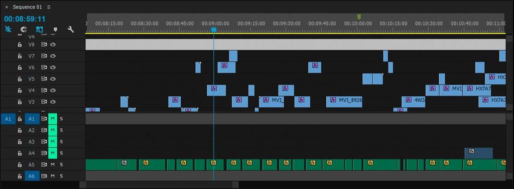 Tummansininen palkki kuvaa videon omaa äänitiedostoa ja vihreät palkit ovat äänitiedostoja, joita on muokattu Adobe Audition ohjelmalla. Palkkien väriä pystyy muokkaamaan halutessaan.