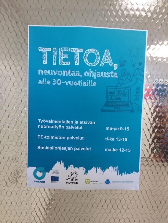 TE-toimiston edustaja on paikalla ti-ke klo 13-15 ja sosiaalipalvelujen edustaja ma-ke klo 12-15.