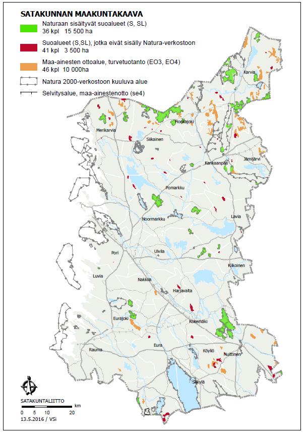 Satakunnan maakuntakaava Ympäristöministeriö vahvisti 30.11.2011 (KHO 13.3.2013) arvokkaita suoluontokokonaisuuksia yhteensä noin 19 000 ha; (Natura 2000- verkoston alueet sekä em.