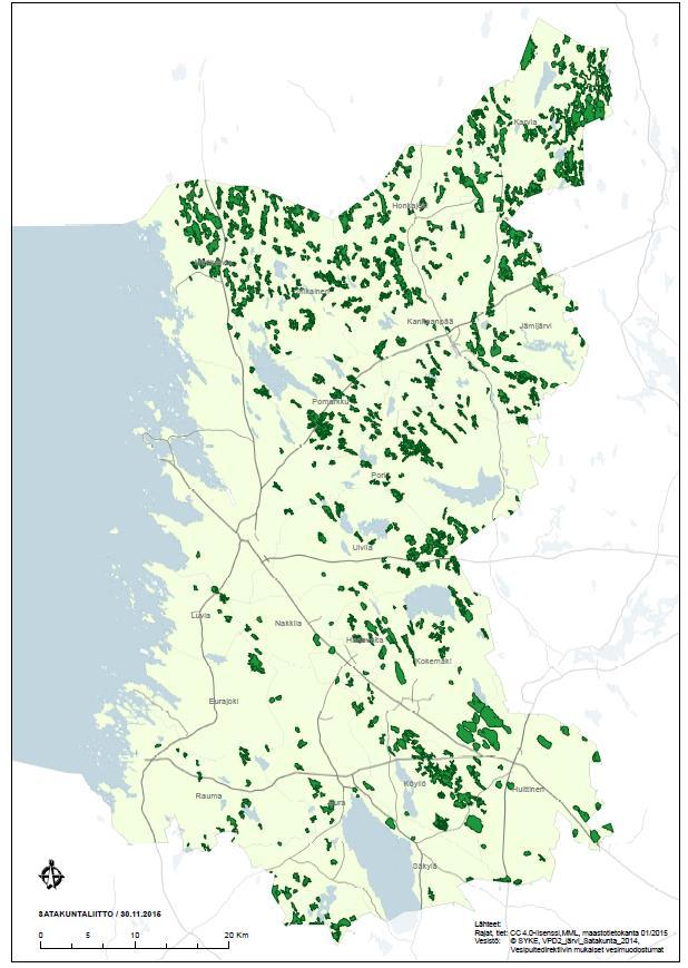 Lähtöaineisto (kartta 1): GTK:n Satakunnassa tutkimat suot ( > 20 ha)