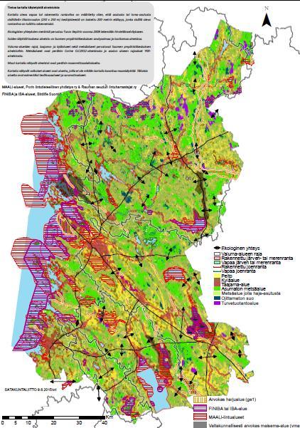 Luonnon ydinalueet ja ekologisista yhteyksistä Satakunnassa - Kartalla oleva vapaa tai rakennettu rantaviiva on määritelty siten, että asutusta tai loma-asutusta sisältävän tilastoruudun (250 x 250