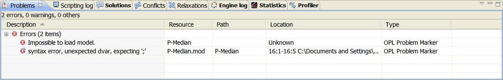 Debuggng and dealng wth error messages OPL checks for errors n the model and data fles. Syntax errors Syntax and semantc errors are dsplayed dynamcally n the Issues tab as you type.