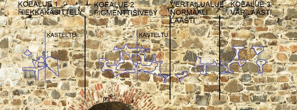 4 ERITYISHUOMIOITA 4.1 Laastisaumojen sävykokeilu Muuriin tehtiin saumauskoealueita, joiden avulla oli tarkoitus kokeilla vaaleiden laastisaumojen sävyttämistä eri keinoin.