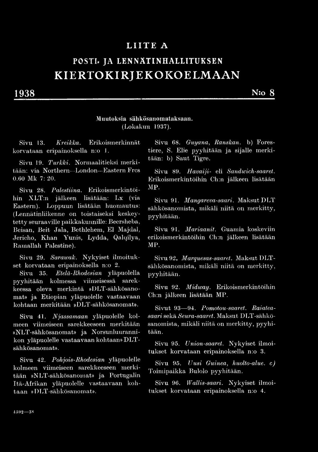 Loppuun lisätään huomautus: (Lennätinliikenne on toistaiseksi keskeytetty seuraa ville paikkakunnille: Beersheba, Beisan, Beit Jala, Bethlehem, El Majdal, Jericho, Khan Yunis, Lydda, Qalqilya,