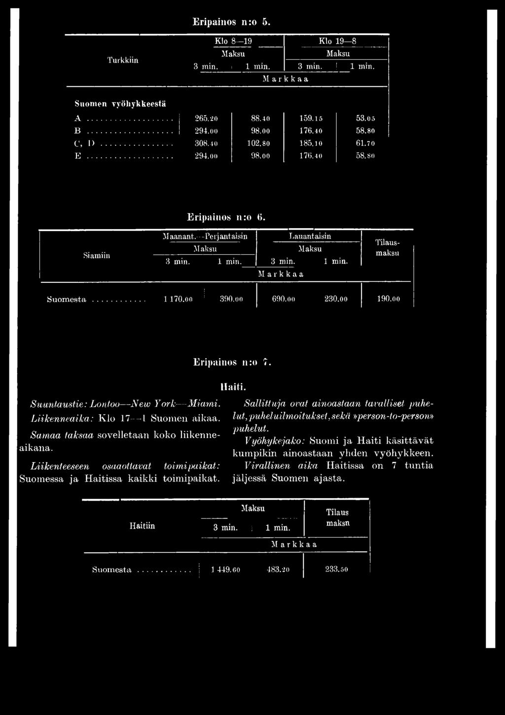 .. 1 170.00 390.00 690.00 230.00 190.00 Eripainos n:o 7. Haiti. Suuntaustie: Lontoo New York Miami. Liikenneaika: K lo 17 1 Suomen aikaa. Samaa taksaa sovelletaan koko liikenneaikana.