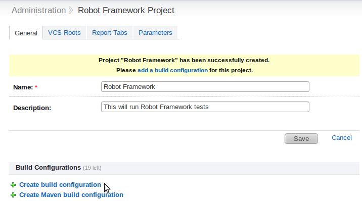 Liite 5 Robot Framework 3 (10) TeamCity on Ubuntu 11.04 5. Click Create build configuration or add a build configuration link 6. Fill in Name and Description. Click "VCS settings >>"-button 7.