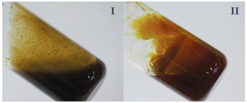 21 Kuva 7 Olkinäyte DES-liuottimella käsittelyn jälkeen I) MK2:1 60 C ja II) OP1:3 85 C. (Francisco et al.