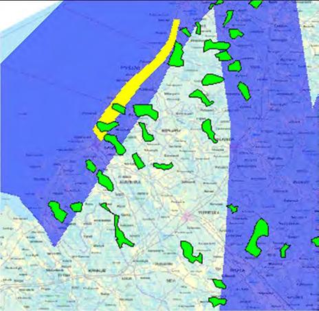 YMPÄRISTÖVAIKUTUSTEN ARVIOINTISELOSTUS 280 / 298 himmät seuraavat hankealueet molempiin suuntiin sijoittuvat etäälle, jolloin linnustolle jää mahdollisuuksia kiertää hankealueet. Kuva 141.