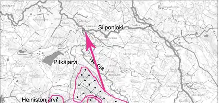 YMPÄRISTÖVAIKUTUSTEN ARVIOINTISELOSTUS 158 / 298 Kuva 111. Valumavesien virtaussuunnat kaikilta tuulivoimaloiden sijoituspaikoilta ja vastaanottavat vesistöt.