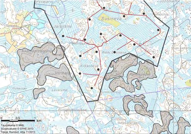 YMPÄRISTÖVAIKUTUSTEN ARVIOINTISELOSTUS 140 / 298 Kuva 101. Moreenimuodostumat hankealueen eteläosassa ja suunnitellut tuulivoimalat (VE 2 ja VE 4 mukaiset, musta piste) niiden läheisyydessä.