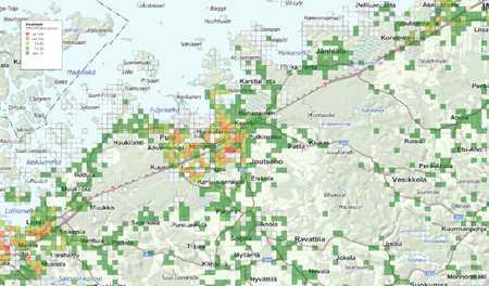 Rantatien osalta asukastiheys jää alle 10 henkilön 250 x 250 m ruudussa muualla paitsi Pontuksen, Pulpin, Honkalahden ja Korvenkankaan sekä Korvenkylän alueella.