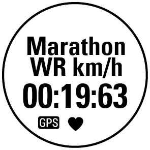 Harjoituksen kesto tähän saakka. Meneillään olevan kierroksen kesto. Nopeutesi verrattuna maratonin maailmanennätysnopeuteen.