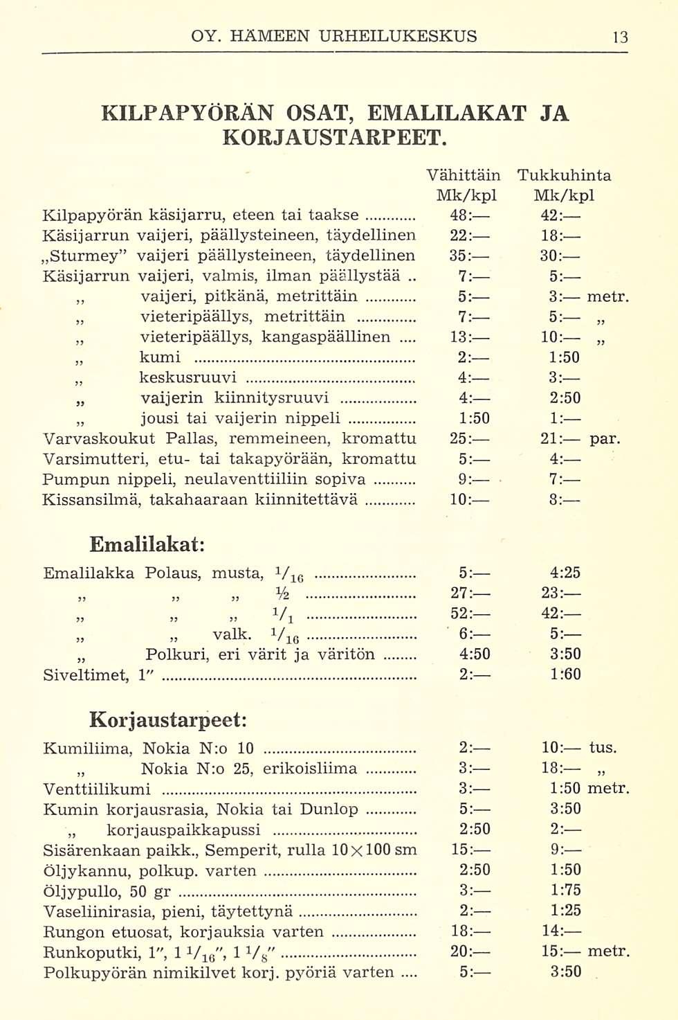 13: 7; 5: KILPAPYÖRÄN OSAT, EMALILAKAT JA KORJAUSTARPEET.