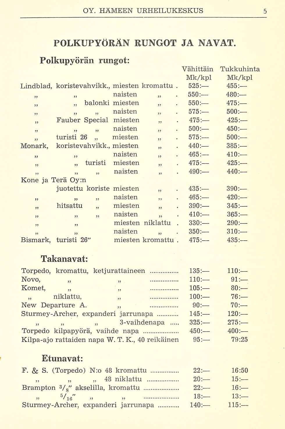 525;. 550:. 550;. 575:. 500:. 575:. 465: POLKUPYÖRÄN RUNGOT JA NAVAT. Polkupyörän rungot: Lindblad, koristevahvikk., miesten kromattu. naisten balonki miesten naisten 455: 480; 475: 500: Special.