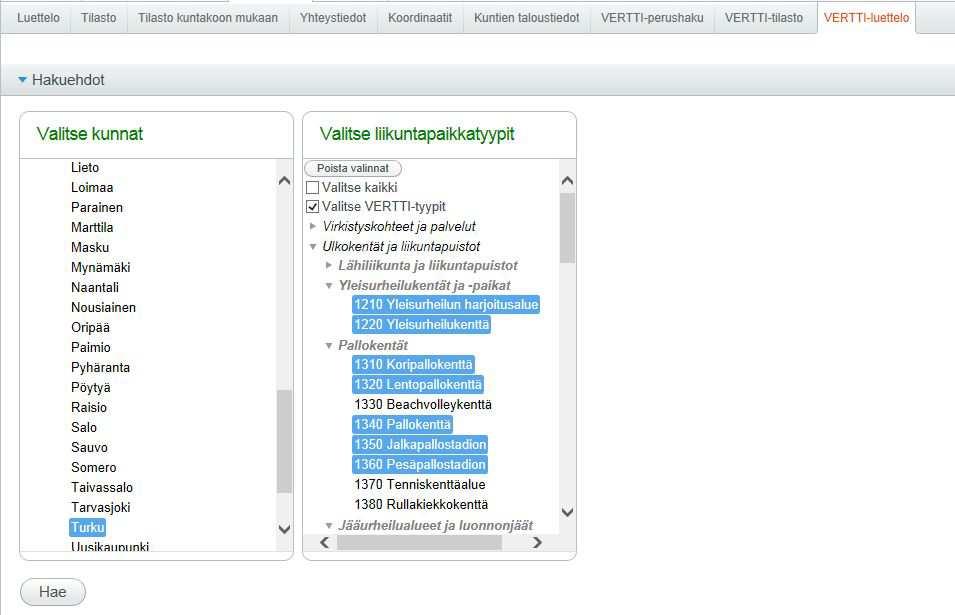 Vertti- luettelo tuottaa tiedot liikuntapaikkatyypistä, ylläpitäjätahosta, pinta-alasta (m2), pintamateriaalista, kentän pituudesta, kentän leveydestä ja reitin pituudesta (km).