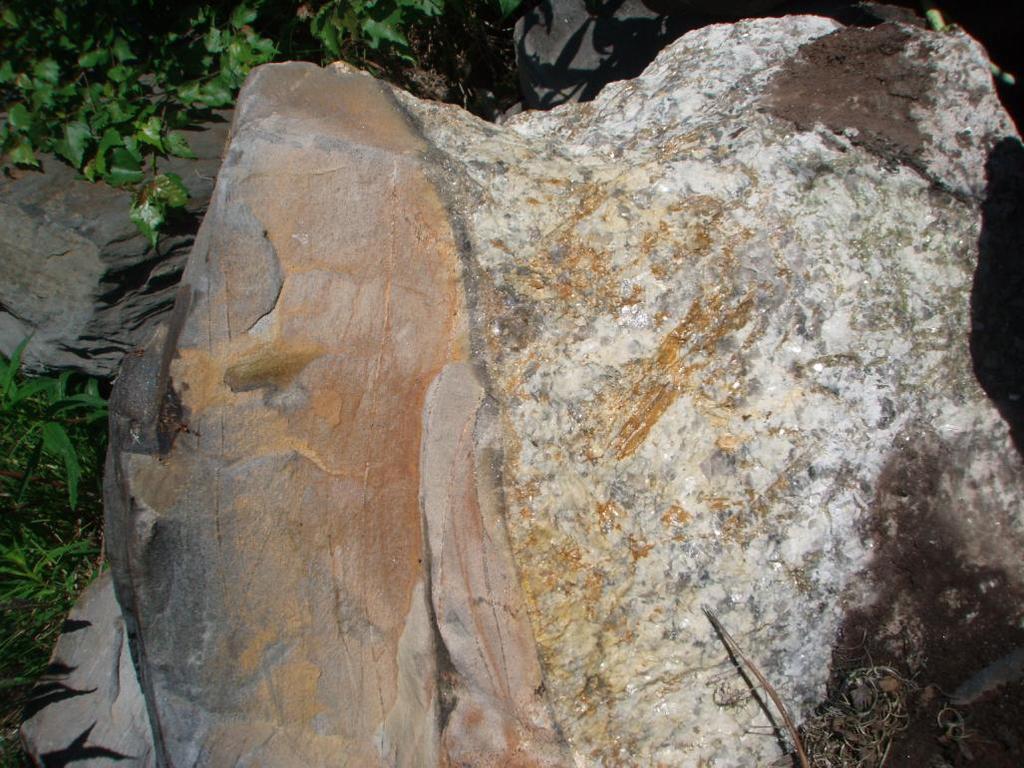 X=7065736, Y=3336390. Spodumene occur as greenish grey prisms. Kuva 7. Kiilleliuskeen ja pegmatiitin kontakti lohkareessa MMP$-2010-9.