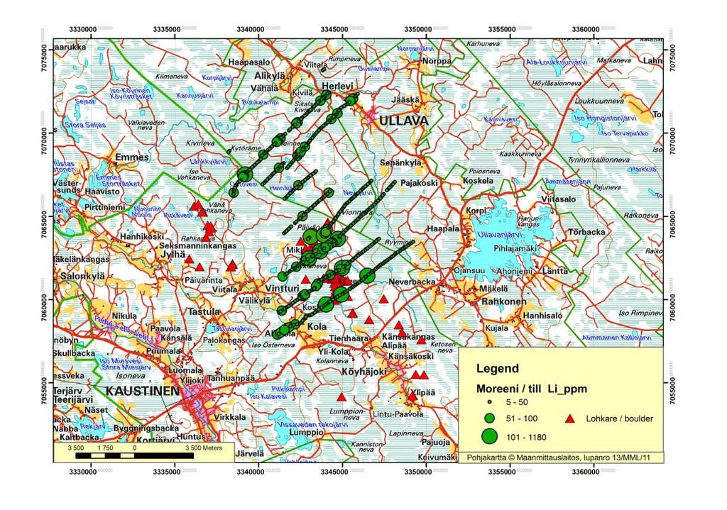 10 Kuva 11. Vanhan moreeniaineiston analyysitulokset Päivänevan ympäristöstä. Kartassa myös Li-lohkareet. Figure 11.