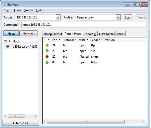 32 portit 21, 22 ja 80 havaittiin avoimiksi. Näitä portteja käyttävät FTP-, SSH- ja Web-palvelut. Portin 25 tila on Filtered ja se on SMTP-palvelun käytössä. Kuva 8.