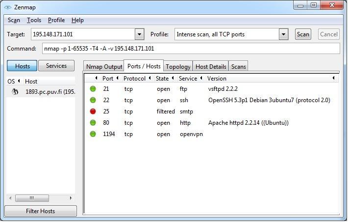 33 Kuva 9. Nmapin tulos perusteellisemmalla skannauksella 6.3 Nessus-skannaus Nessus-ohjelmalla skannattiin palomuurina toimivaa Linux-tietokonetta, jonka Iptables-palomuuri ei ole päällä.