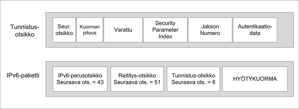 43 otsikon liittämisen suoraan IP-pakettiin. (Comer 2002, 584 586; Sotillo 2006, 3 4.) Kuvio 12 