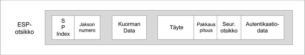 Tunnistus-otsikon rakenne ja Tunnistus-otsikko IPv6-paketissa (Sotillo 2006, 4) Salakirjoitus otetaan käyttöön Encapsulating Security Payload-protokollalla (ESP), joka on toiminnaltaan