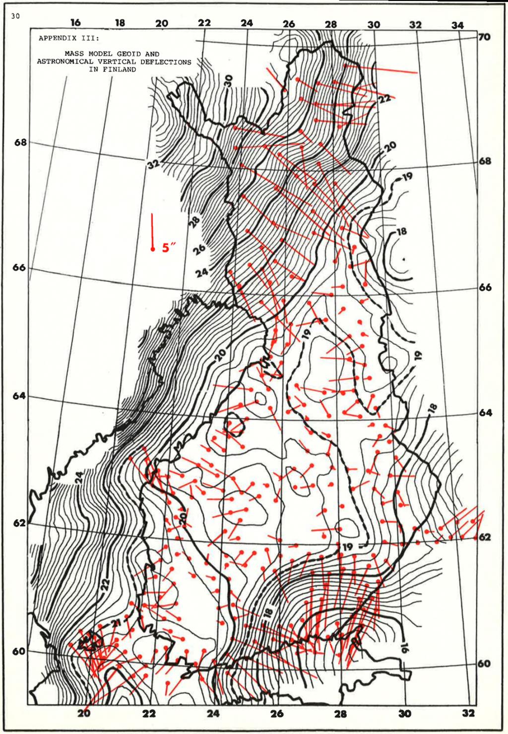 4.1. Häiriöpotentiaali, geoidin korkeus... 87 Kuva 4.2. Suomen geoidimalli vuodesta 1984. Punaisena luotiviivan poikkeamat havainnoista Vermeer, 1984).
