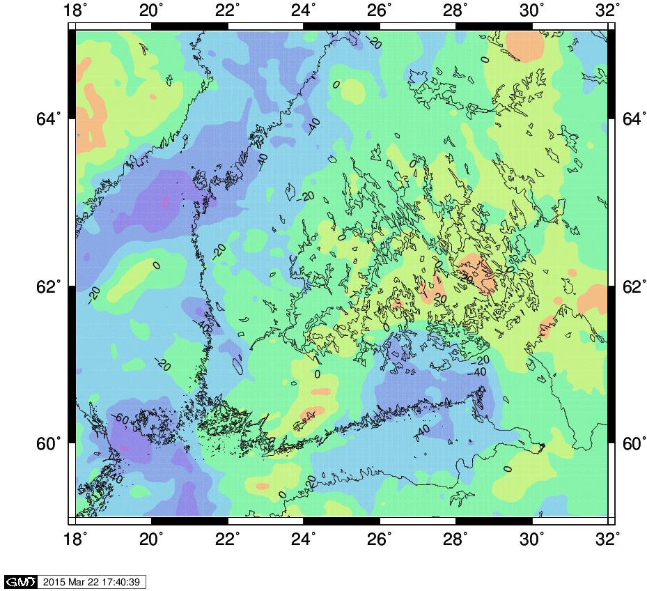 4.7. Ilma-anomaliat 97 Kuva 4.5. Ilma-anomalioita Etelä-Suomessa, laskettuina pallofunktiokehitelmästä EGM2008. Data Bureau Gravimétrique International BGI) / International Association of Geodesy.