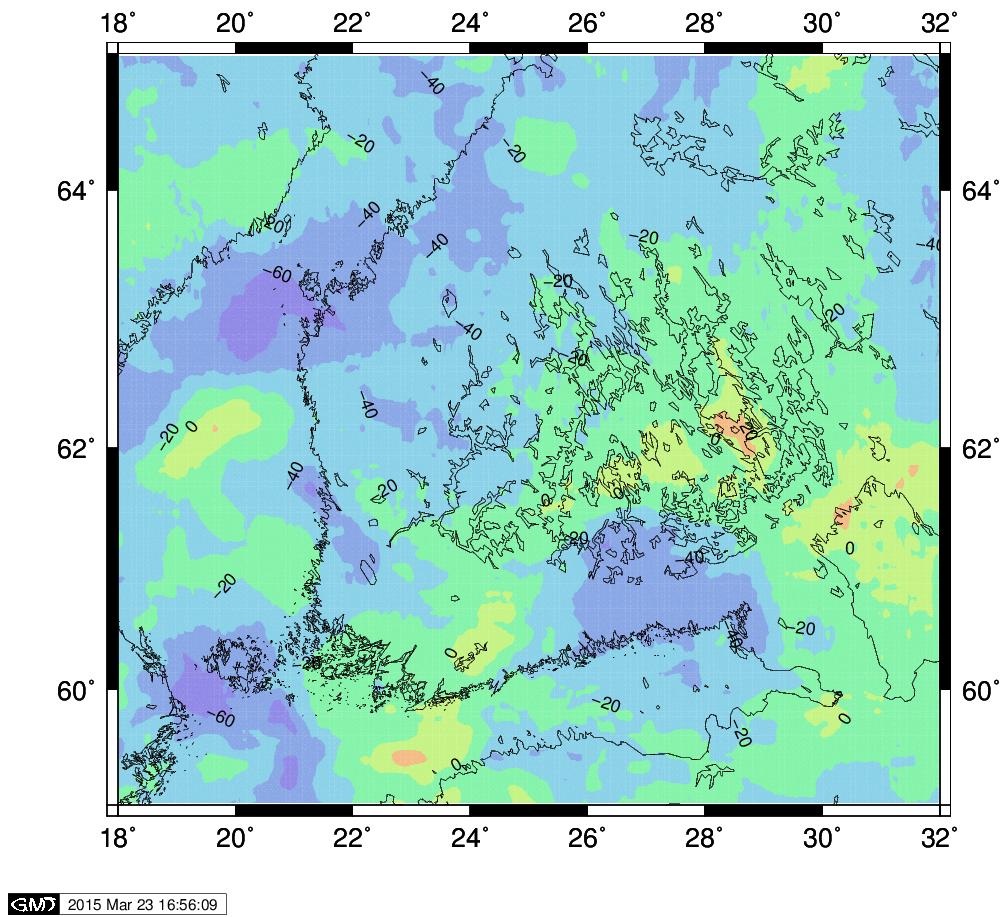 104 Luku 5. Geofysikaaliset reduktiot Kuva 5.4. Maastokorjattuja Bouguer-anomalioita Etelä-Suomessa, laskettuna pallofunktiokehitelmästä EGM2008.