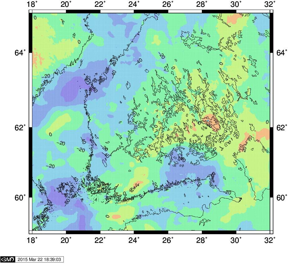5.8. Isostaattinen geoidi 119 Kuva 5.15. Isostaattisia painovoima-anomalioita Etelä-Suomessa. Airi- Heiskanen, kompensaatiosyvyys 30 km.