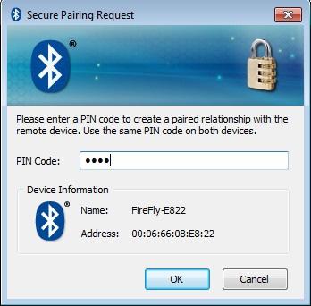 KUVA 8. PIN-koodin syöttäminen Koodin syöttämisen jälkeen BlueSMiRF-Bluetooth-yksikön piti ilmoittaa "Pairing operation completed.