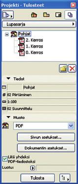 Planssin tai minkä tahansa muun ArchiCAD-ikkunan sisältö on tallennettavissa PDFmuotoon myös suoraan ikkunasta. Julkaisun käyttö laadun varmistamiseksi on kuitenkin suositeltavaa.