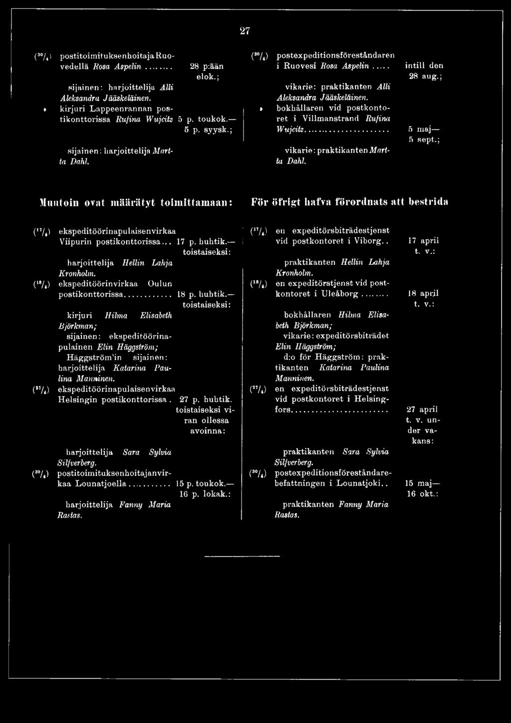 l toistaiseksi: harjoittelija Hellin Lahja Kronholm. (18/t) ekspeditöörinvirkaa Oulun (l8/«) postikonttorissa... 18 p. huhtik.