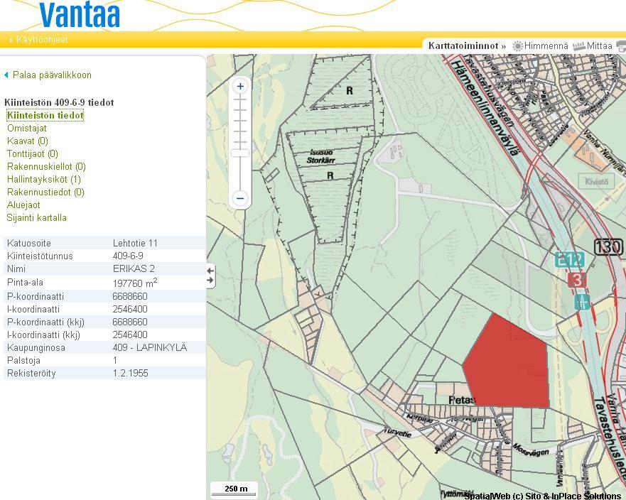 37 paikkatietopalvelua SpatialWebiä. Palvelusta on saatavilla maa-alueiden kaavoitus- ja omistustiedot pois lukien yksityishenkilöiden maa-alueiden omistustiedot.