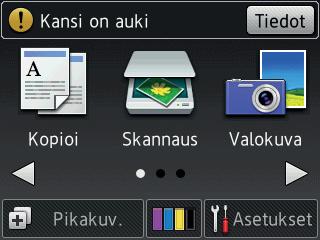 Siirry Muste-valikkoon painamalla tätä. Kun värikasetin käyttöikä on loppumassa tai siinä on ongelma, kyseisen musteen värin kohdalla näytetään virhekuvake.