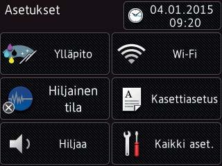 Luku Asetukset-näyttö Kun painat (Asetukset), nestekidenäytössä näkyy laitteen tila. Tästä näytöstä voidaan siirtyä kaikkiin laitteen asetuksiin.