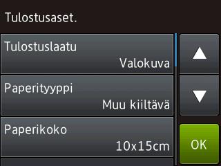 Valokuvien tulostus muistikortilta tai USB-muistitikulta l Vaihda paperityyppi ja paperikoko painamalla Tulostusaset. Tuo Paperityyppi näkyviin painamalla a tai b.