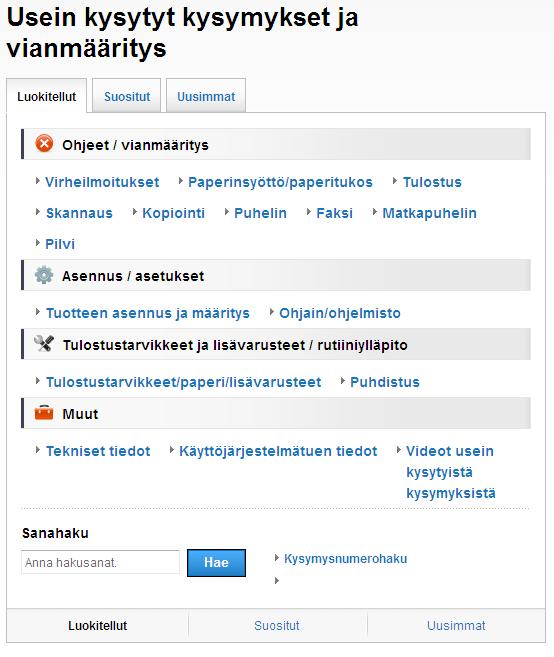 Jos kysymyksiä ilmenee, tutustu mallisi usein kysyttyihin kysymyksiin. Mahdollistaa haun useilla eri tavoilla. Näyttää aiheeseen liittyvät kysymykset lisätietojen antamiseksi.