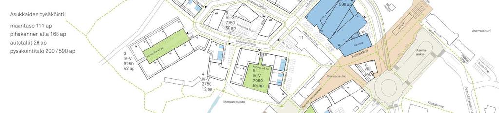 9. Pysäköinti (esimerkkilaskelma pysäköintipaikkojen määrästä) RO 9250 k-m 2 / 78 ap Korttelissa 42 ap Muualla -36 ap RO 5750 k-m 2 / 48 ap Korttelissa 12 ap 8 ap (LPA-4) Muualla -28 ap Merkintöjen