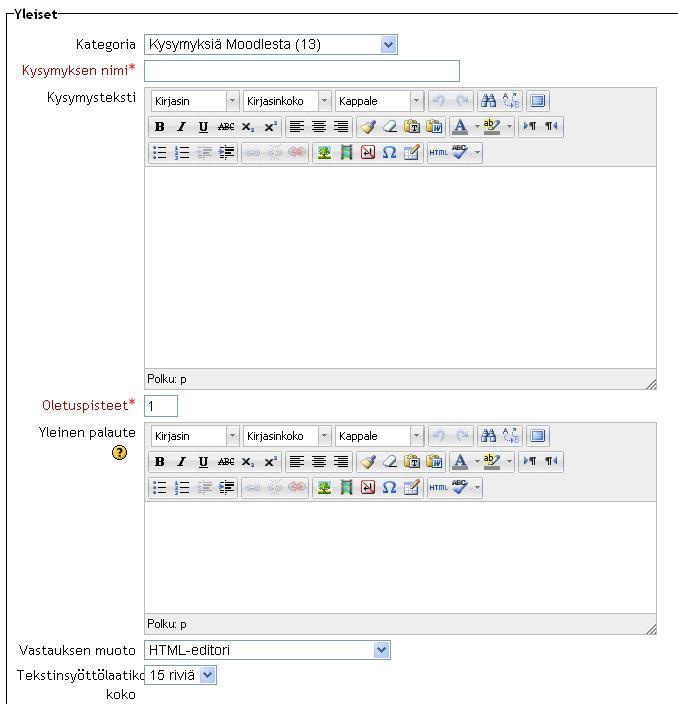 Essee Opiskelijoiden laajahkoja kirjallisia vastauksia essee -tyyppisiin kysymyksiin Moodle ei voi arvioida, vaan opettaja arvioi vastaukset manuaalisesti.