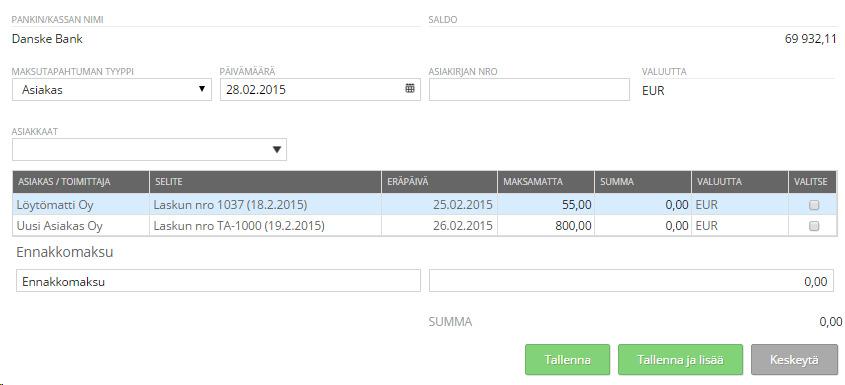 Jos tililtä on maksettu rahaa, valitse Maksutapahtuman tyypiksi Toimittaja tai Muut menot. Syötä pankkitapahtuman oikea Päivämäärä.