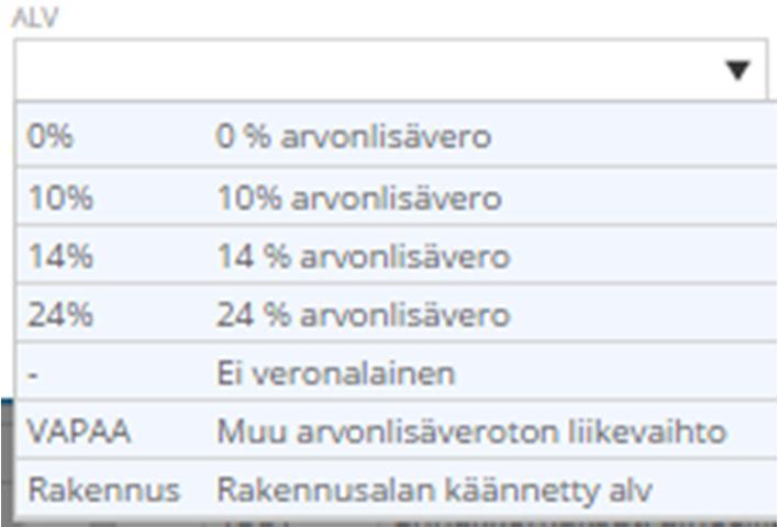 ALV Määrittele alv-kanta ALV:n ilmoittaminen Määrittele tilin alv-tyyppi (Ei veronalainen / Myyntien alv / Ostojen alv).