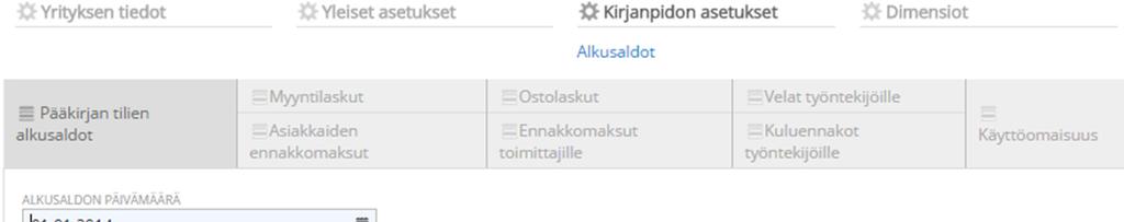 Pääkirjan tilien alkusaldojen päivämääräksi lisätään edellisen tilikauden viiminen päivä eli jos aloitat yrityksesi kirjanpidon tammikuun 1.