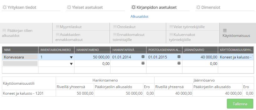 Alkusaldot, välisivu Käyttöomaisuus. Alkusaldoihin lisätään mm. hyödykkeen alkuperäinen hankintameno, jäännösarvo ohjelman käyttöönottohetkellä, poistolaskennan aloituspäivä ohjelmassa.