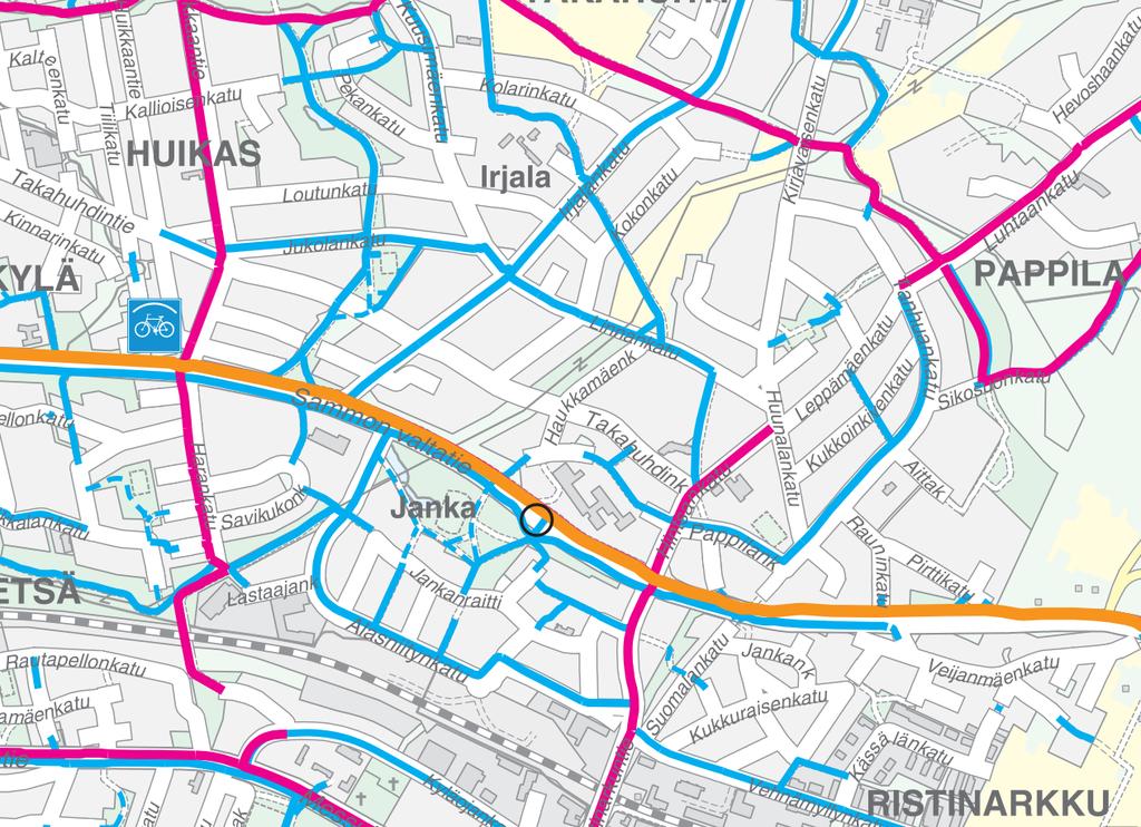 laadukkaat Sammon valtatien pohjoispuolella kulkevan Tampere-Kangasala laatukäytävän (kuvissa oranssilla)