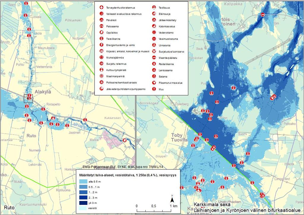 Ympäristöselostus iite 2. Kuva 1. Tulvariskikartta aihian taajamasta sekä aihianjoen ja Kyrönjoen väliseltä bifurkaatioalueelta tulvatilanteessa, joka toistuu keskimäärin kerran 250 vuodessa.