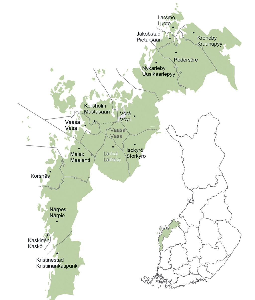 Österbotten Pohjanmaa Ostrobothnia 25 Kommuner 2013 - Kunnat 2013 - Municipalities 2013 Fr.o.m. 1.1.2013 består Österbotten av 15 kommuner då Vasa och Lillkyro går samman. 1.1.2013 alkaen Pohjanmaa koostuu 15 kunnasta, kun Vaasa ja Vähäkyrö yhdistyvät.
