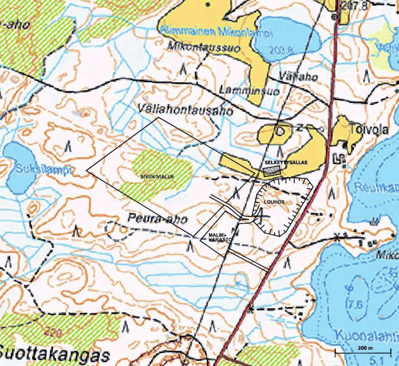34 SUOMUSSALMEN NIKKELIPROJEKTIT: Kuva 4-7. Toimintojen alustava sijoittuminen Peura-ahossa. 4.2.4 Louhinta Peura-ahon esiintymän louhinta toteutetaan avolouhintana.