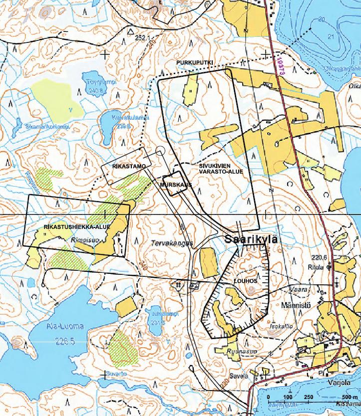 SUOMUSSALMEN NIKKELIPROJEKTIT: 41 Kuva 4-10. Toimintojen alustava sijoittuminen Vaaran louhosalueella. 4.3.4 Louhinta Vaaran nikkeliesiintymän louhinta toteutetaan avolouhoksena.