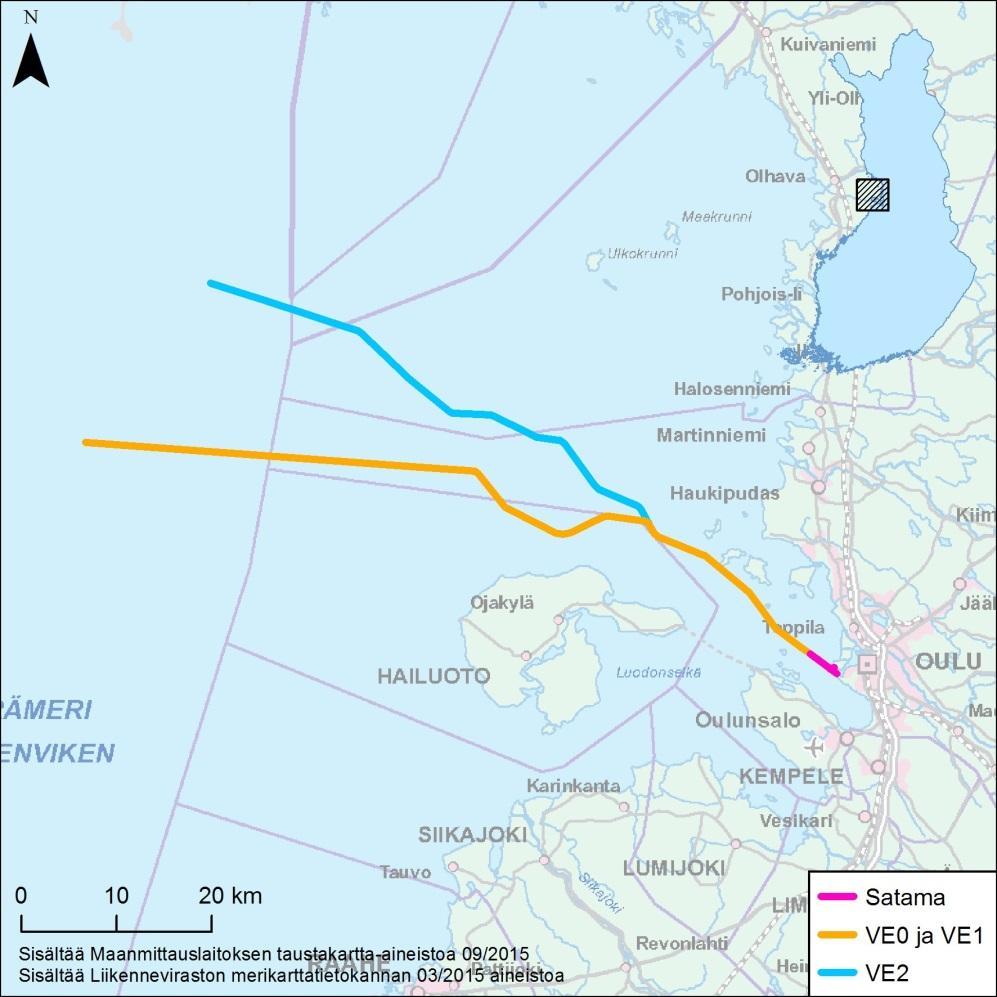 14 Kuva 1-1 Oulun nykyisen 10,0 m väylän linjaus (VE0), sataman sijainti sekä väylän syventämisen hankevaihtoehdot VE1 (nykyinen linjaus) ja VE2 (ulko-osilta uusi linjaus). 2 YVA-MENETTELYN KUVAUS 2.