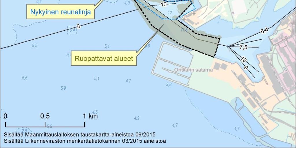 3 Sataman ruoppaukset ja läjitys Oulun satamassa ruopataan tuloväylä ja satama-allas kulkusyvyyteen 12,5 m (haraustaso -13,8 m). Ruoppausmassojen määrä on yhteensä 1,6 milj.
